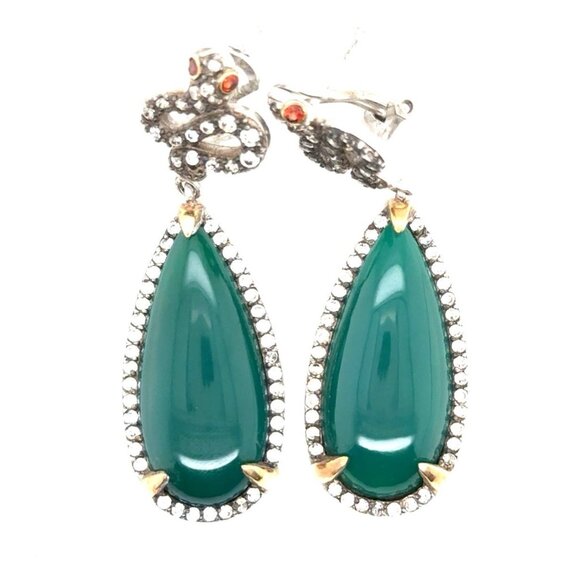 Beautiful 925/14K Pave Cz Snake Green Stone Dangle Earrings
